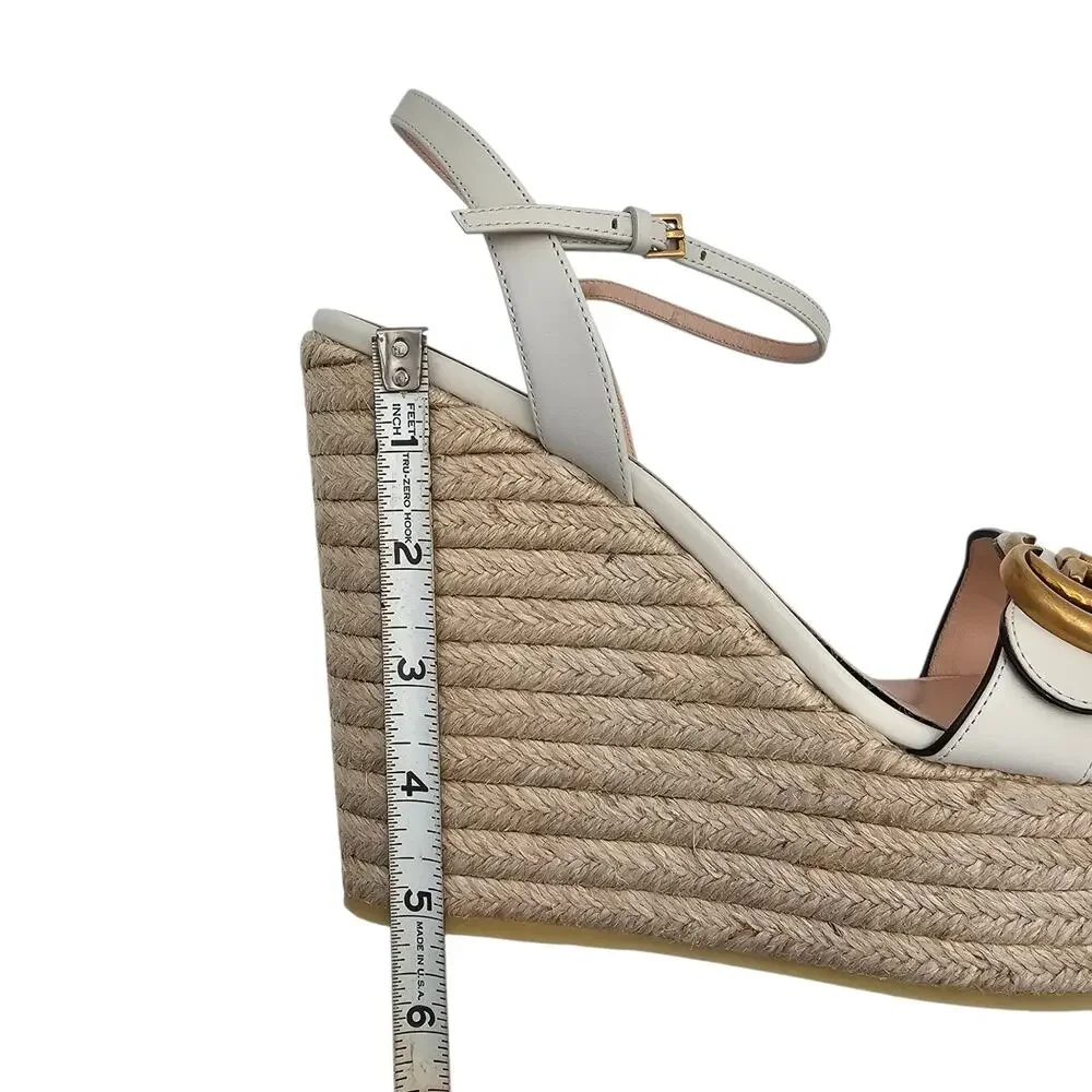 Gucci GG Marmont Aitana Platform Wedge Sandal White Leather Gold Size 41 US 11
